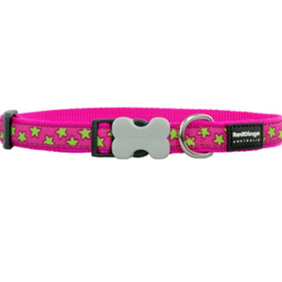 Red Dingo Dog Collar Stars Lime on Hot Pink Large 25mm x 41-63cm