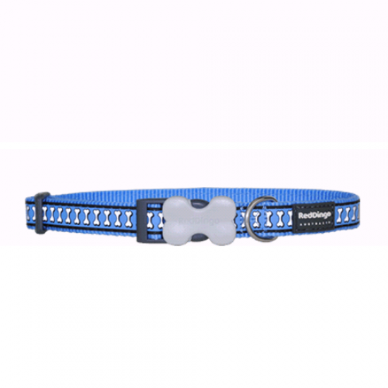 Red Dingo Dog Collar Reflective Bones Blue Med 20mm x 30-47cm